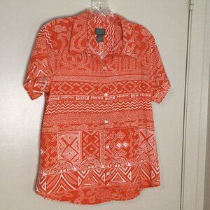 Additions by Chico's Orange & White Island Print Summer Cotton Shirt